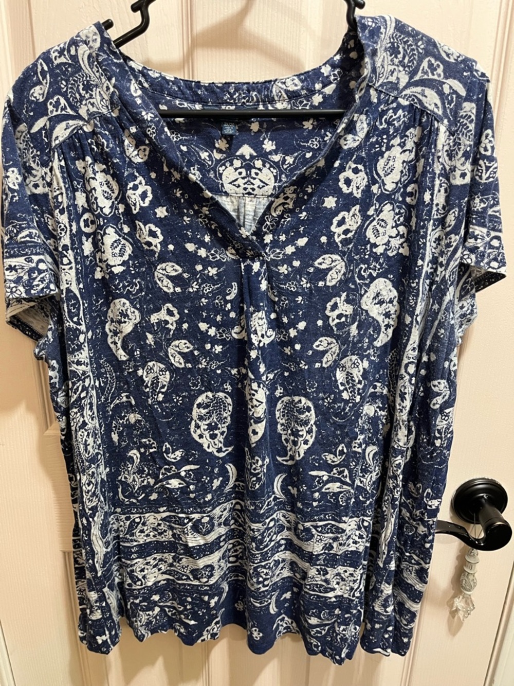 Lucky Brand Navy and White Paisley Scoop Neck Top